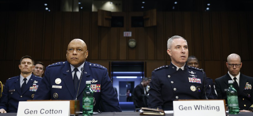 U.S. Strategic Command leader Gen. Anthony Cotton (L) and U.S. Space Force Commander Gen. Stephen Whiting sit before the start of a hearing with the Senate Armed Services Committee on February 29, 2024, in Washington, DC.