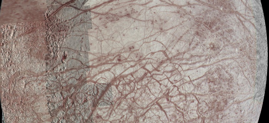 This view of Jupiter's moon Europa features several regional-resolution mosaics overlaid on a lower resolution global view for context. The regional views were obtained during several different flybys of the moon by NASA's Galileo mission, and they stretch from high northern to high southern latitudes.