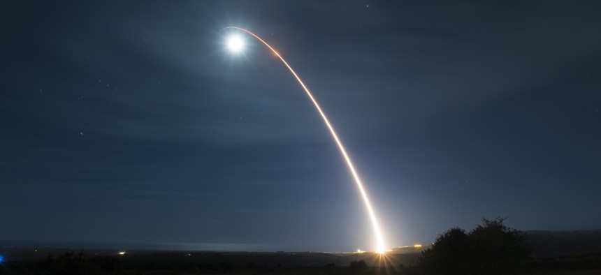 An unarmed Minuteman III intercontinental ballistic missile launches during a test at Vandenberg Air Force Base in California in 2020.