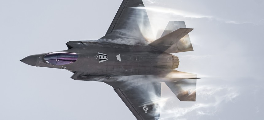 An Air Force F-35A Lightning II performs a practice airshow performance at Hill Air Force Base, Utah, Jan. 11, 2024.