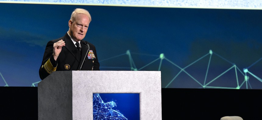 In this 2022 photo, National Geospatial-Intelligence Agency Director Vice Adm. Frank Whitworth speaks at the DoDIIS Worldwide Conference.
