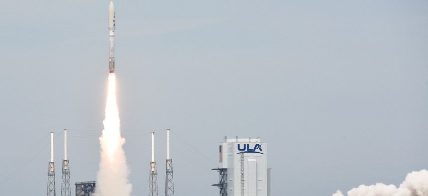 CAPE CANAVERAL, FLORIDA, UNITED STATES - 2022/01/21: A United Launch Alliance Atlas 5 rocket launches from pad 41 at Cape Canaveral Space Force Station. The USSF 8 mission is carrying the fifth and sixth satellites for the U.S. Space Force's Geosynchronous Space Situational Awareness Program (GSSAP), designed to help the military track and observe objects in geosynchronous orbit.
