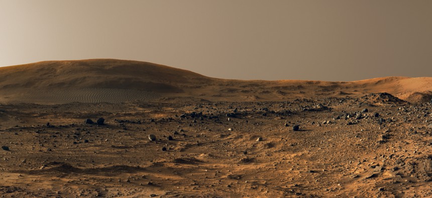 Late-afternoon view of Husband Hill within Gusev Crater on Mars. Mosaic composite photograph. Spirit Rover