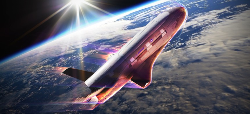 Artist rendering of the X-37B conducting an aerobraking maneuver using the drag of Earth’s atmosphere.