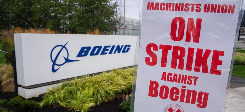 A strike sign is pictured outside a Boeing factory on September 13, 2024 in Renton, Washington.