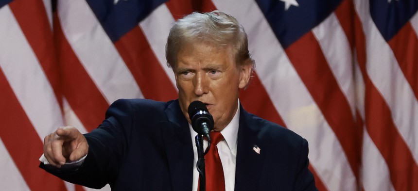 Donald Trump speaks during an election night event at the Palm Beach Convention Center on Nov. 6, 2024 in West Palm Beach, Fla.