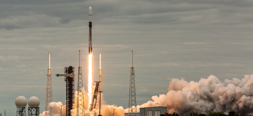 A SpaceX Falcon 9 rocket launches from Cape Canaveral Space Force Station, carrying the GSAT-20 satellite for New Space India.