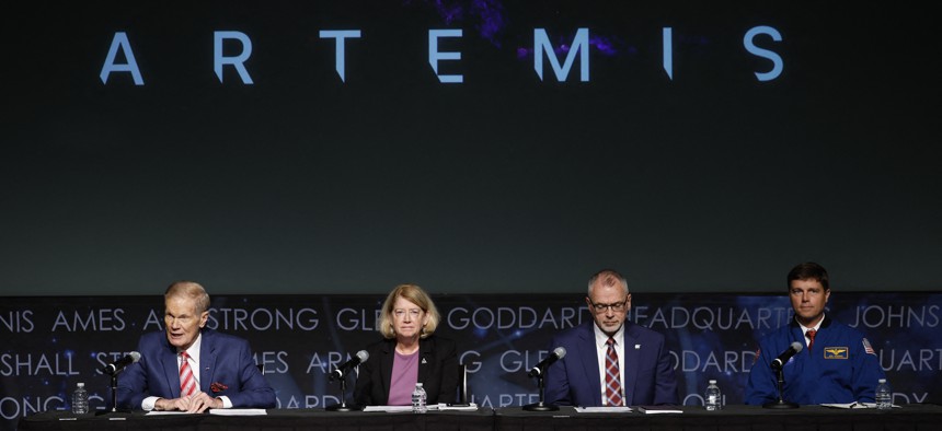 (L to R) NASA Administrator Bill Nelson, NASA Deputy Administrator Pamela Melroy, Jim Free, associate administrator for NASA National Aeronautics and Space Administration and Reid Wiseman, commander of NASA's Artemis II mission to the moon speak during a news conference about the agency's Artemis campaign at the James E. Webb Auditorium at NASA Headquarters in Washington, DC, on December 5, 2024.