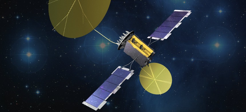An artist rendering of a U.S. Navy Mobile User Objective System (MUOS) satellite in space.