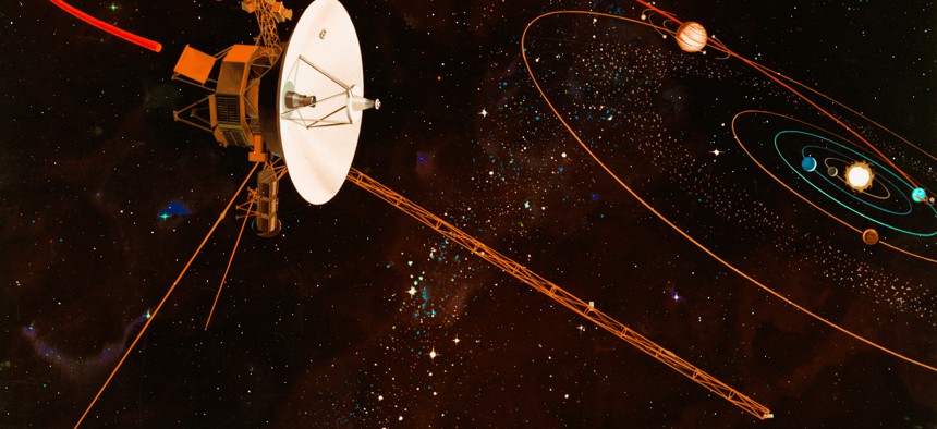 An artist's impression (circa 1977) of the trajectory to be taken by NASA's Voyager 1 and Voyager 2 space probes on their missions to study Jupiter. Voyager is powered by a a radioisotope power system.
