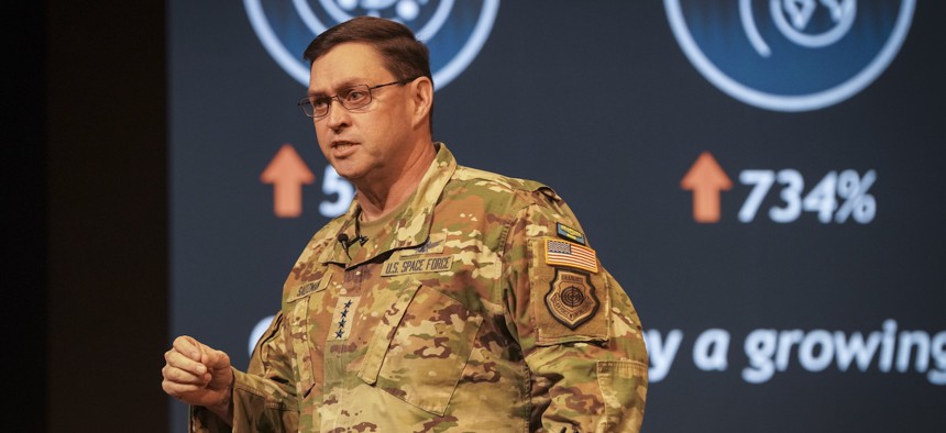 Chief of Space Operations Gen. Chance Saltzman speaks at the U.S. Naval War College about the implications of space as a warfighting domain on April 1, 2025.