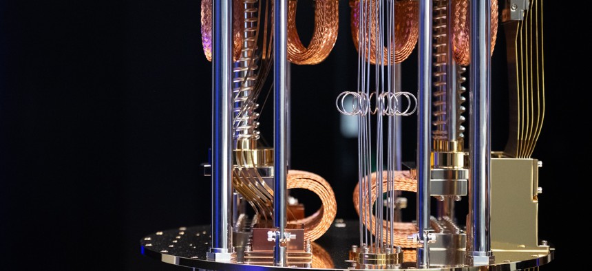 A model of a suspension of the quantum chip of a Quantum System Two quantum computer on display at the opening of IBM's first quantum data center.