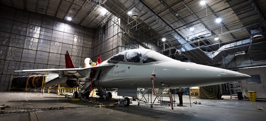 A T-7A Red Hawk undergoes testing in 2024 at Eglin Air Force Base, Florida.