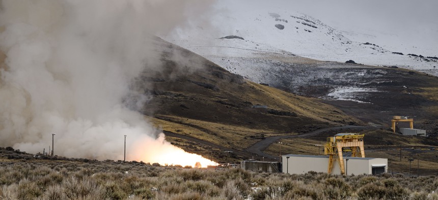 A static fire test of the Sentinel intercontinental ballistic missile stage-one solid rocket motor at Northrop Grumman's facility in Promontory, Utah, March 6, 2025.